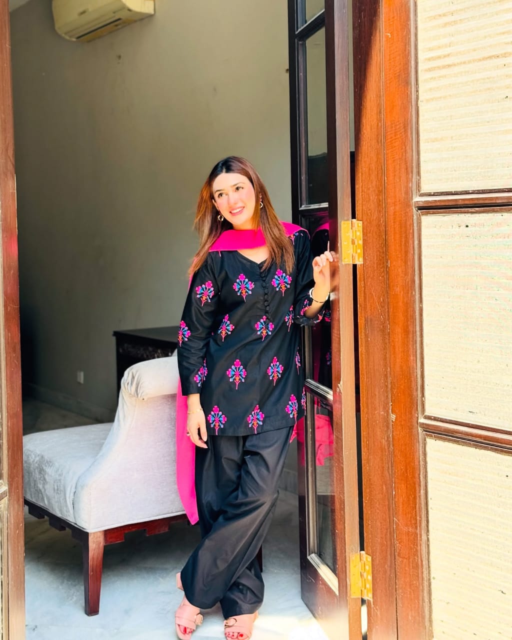 Black Pink Embroidered