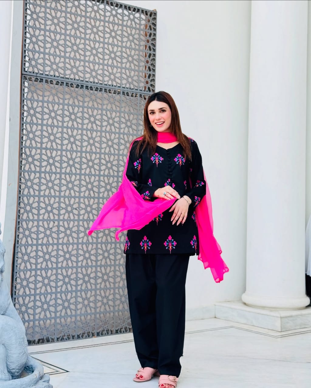 Black Pink Embroidered