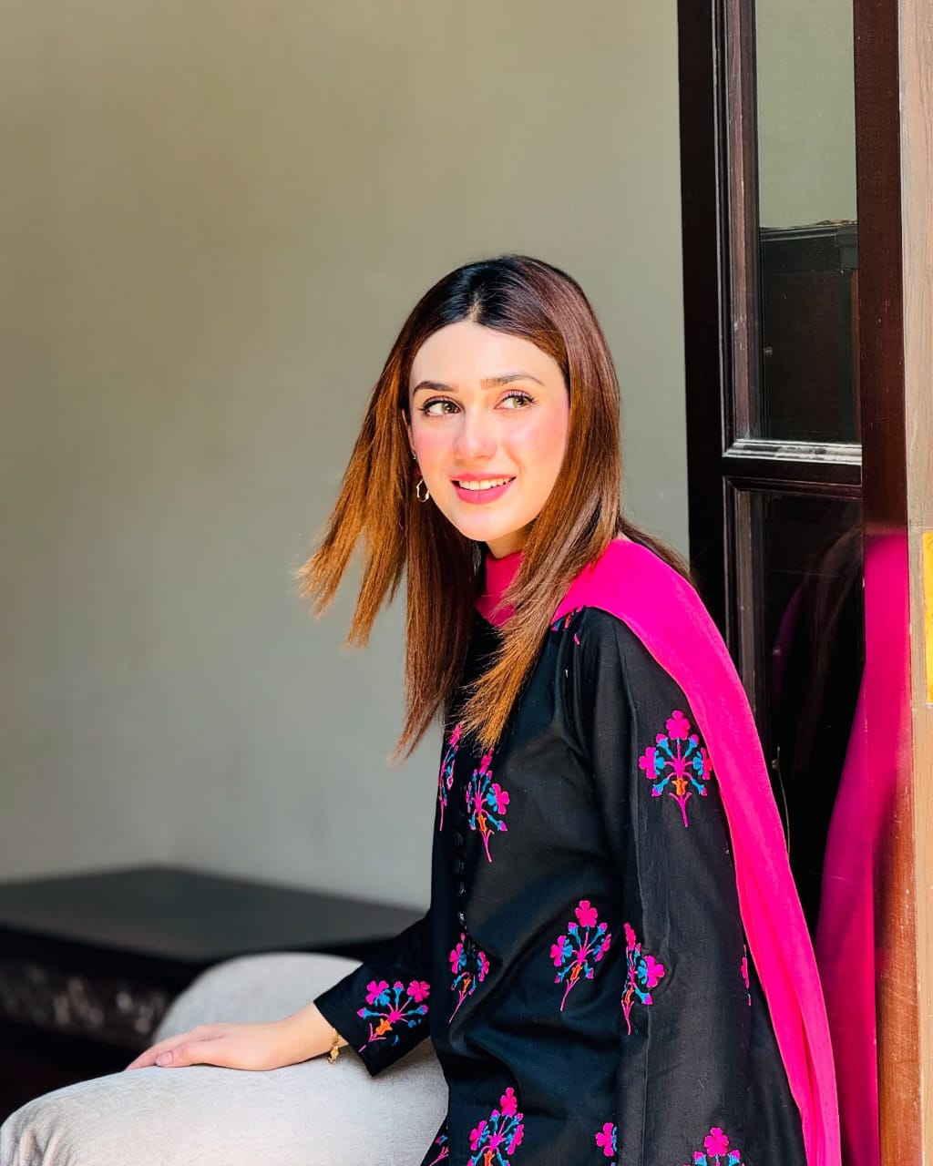 Black Pink Embroidered