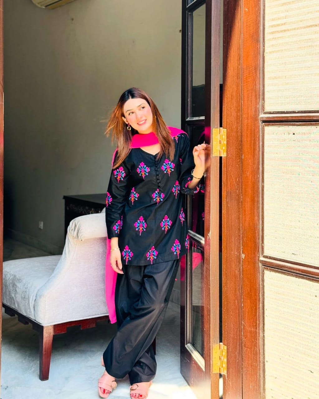 Black Pink Embroidered